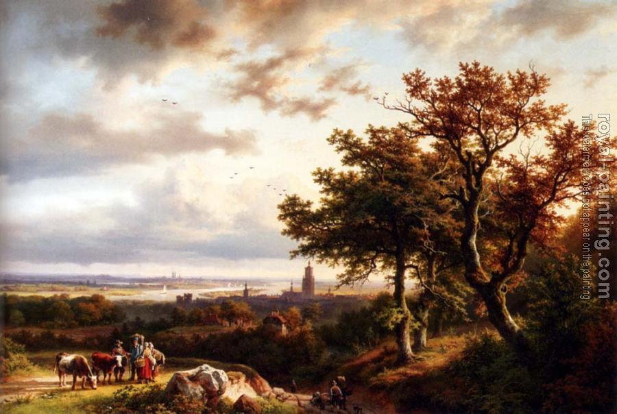 Barend Cornelis Koekkoek : A Panoramic Rhenish Landscape With Peasants Conversing On A Track